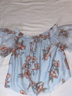 J.O.A. Sky Blue Floral Off-Shoulder Tie-Front Blouse